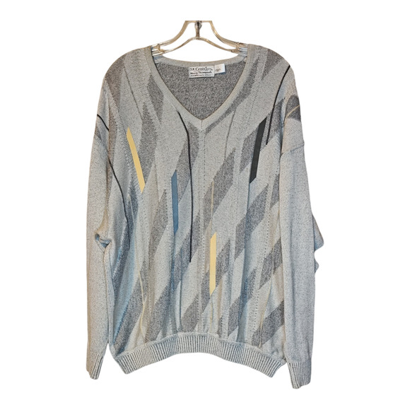 ST Croix Knits Norm Thompson Mens V Neck Argyle Sweater L Grey Cotton Blend - Picture 2 of 8